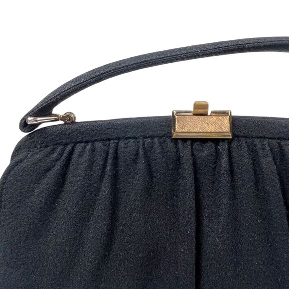 1950s Vintage Suede Handbag Gathered Fabric Clasp Gold Hardware Black VTG - Picture 2 of 14